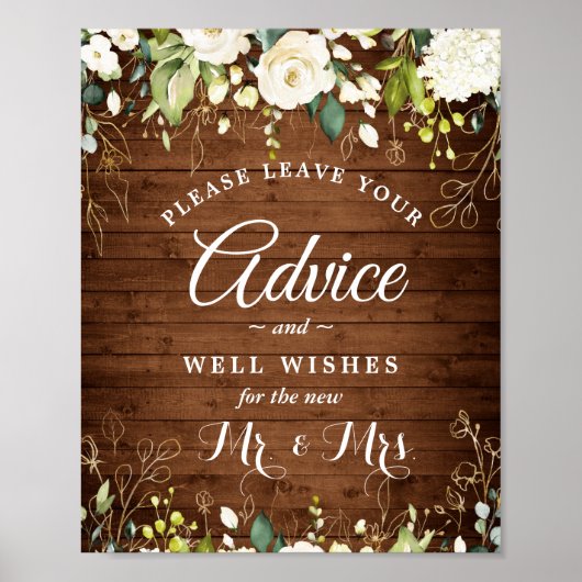 Wood & White Roses Advice and Well Wish Sign Poster (Voorkant)