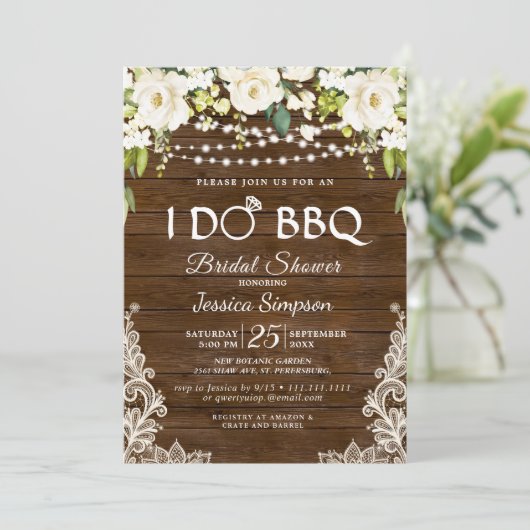 Wood & White Roses Floral I Do BBQ Vrijgezellenfee Kaart (Staand voorkant)