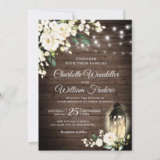 Wood & White Roses & Lantern Watercolor wedding Kaart (Voorkant)