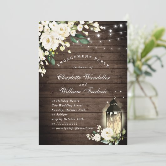 Wood & witte rozen & Lantern Engagement Party Kaart (Staand voorkant)