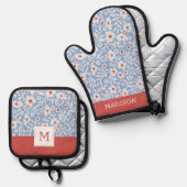 Woodblock bloemenpatroon ovenwant & pannenlap set (Voorkant / Achterkant)