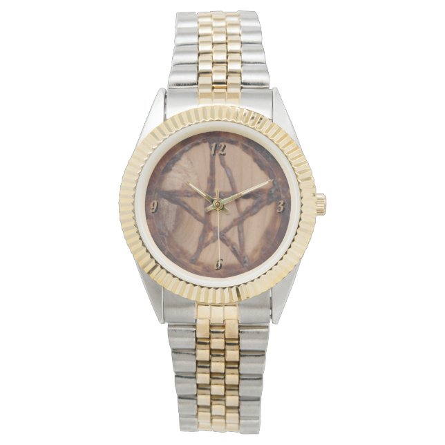 Woodburn Pentacle Primitive Witch Wiccan Pagan Horloge (Voorkant)