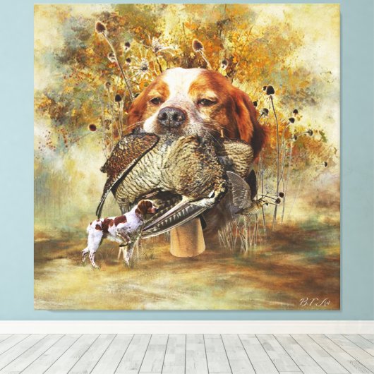 Woodcock jacht met Brittany Spaniel Canvas Afdruk (Insitu (Houten vloer))