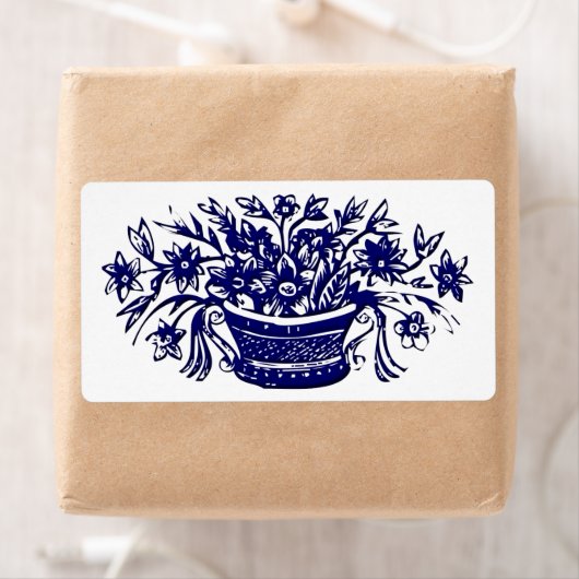  Woodcut Blue Flowers Label (Insitu)