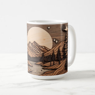 Woodcut Forest Night Scene Mok Pine & Mountain Art