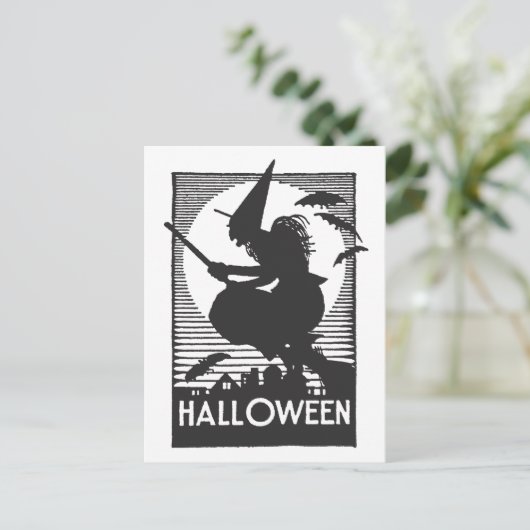 Woodcut Halloween Witch Briefkaart (Staand voorkant)