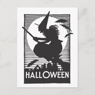 Woodcut Halloween Witch Briefkaart