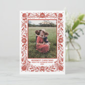 Woodcut Holiday Botanische Lijst Rode Fotokaart Aankondiging (Staand voorkant)