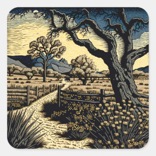 Woodcut Landscape Vierkante Sticker