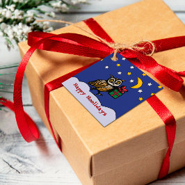 Woodcut Owl met een Gift Snowy Night Winter Holida Bedankjes Labels