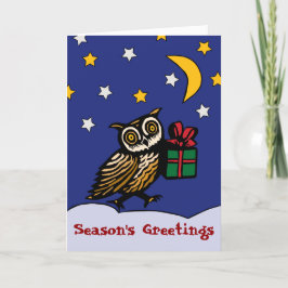 Woodcut Owl met een Gift Snowy Night Winter Holida Feestdagen Kaart