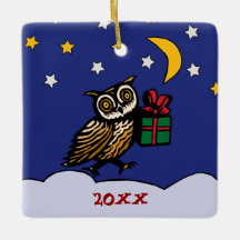 Woodcut Owl met een Gift Snowy Night Winter Holida