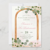 Wooden Arch Pink Eucalyptus Bridesmaids Luncheon Kaart (Voorkant)