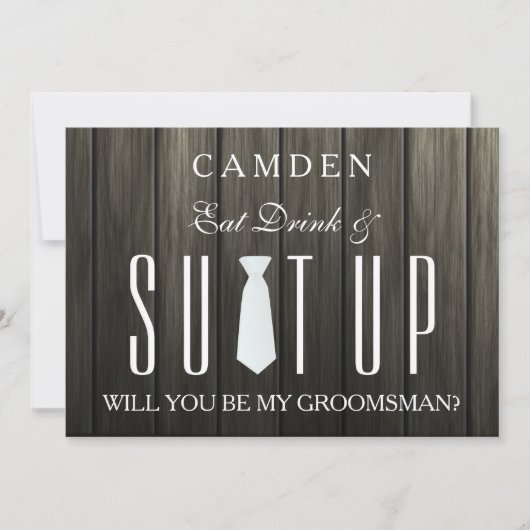 Wooden Background Suitup Ik ben m'n groomsman Kaart (Voorkant)