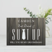 Wooden Background Suitup Ik ben m'n groomsman Kaart (Staand voorkant)
