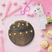 Wooden Barrel Carved Heart Lights Rustic Wedding Papieren Bordje (Feest)