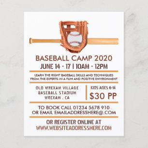 Wooden Baseball Bat & Gear Baseball Camp Advert Flyer
