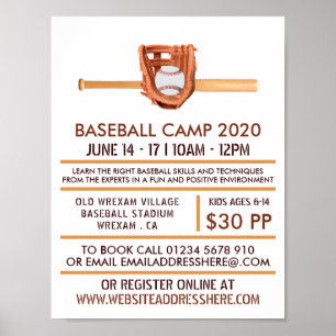 Wooden Baseball Bat & Gear Baseball Camp Advert Poster
