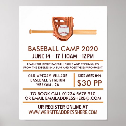 Wooden Baseball Bat & Gear Baseball Camp Advert Poster (Voorkant)