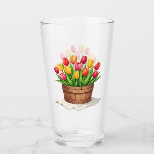 Wooden Basket Filled With Tulips Glas (Achterkant)