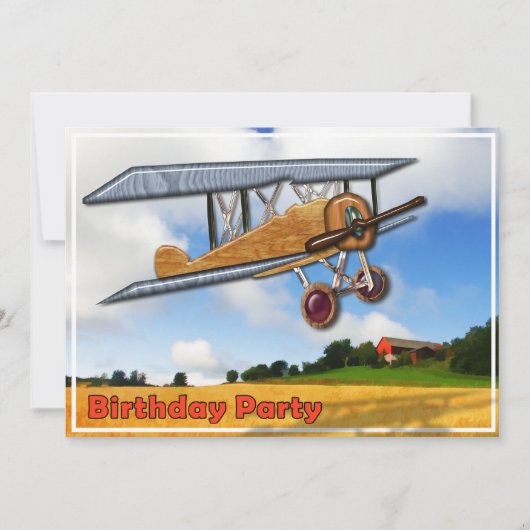 Wooden Biplane over Fields Birthday Invitation Kaart (Voorkant)