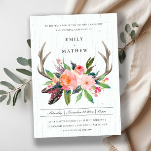 WOODEN BOHO BLUSH ANTLER FLORAL country WEDDING Kaart