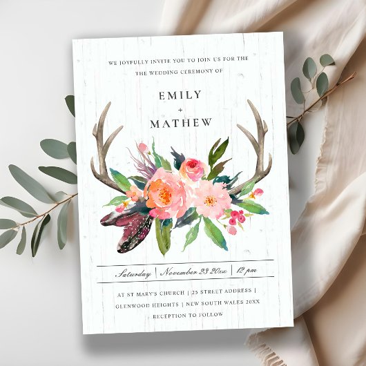 WOODEN BOHO BLUSH ANTLER FLORAL country WEDDING Kaart