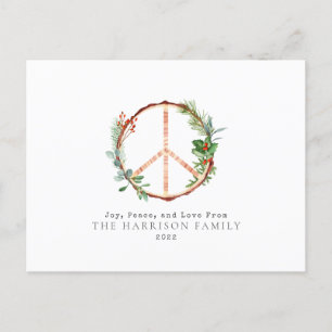 Wooden Botanical Peace Sign Love Joy Kerstmis Feestdagenkaart