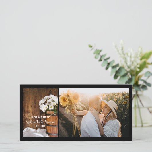 Wooden Bucket and Daisies Country Just Married Aankondiging (Staand voorkant)