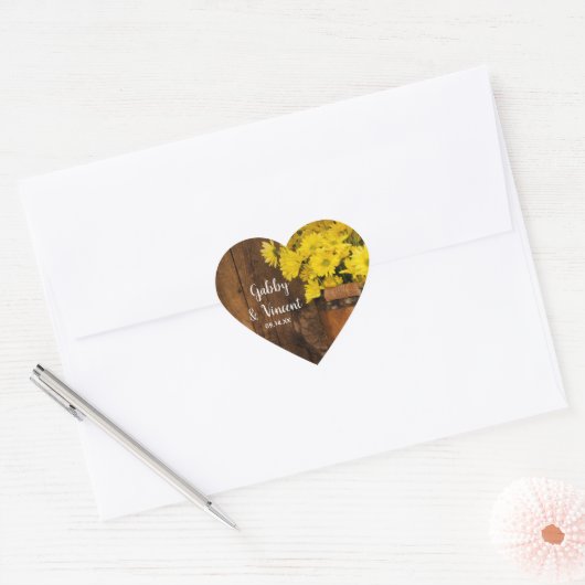 Wooden Bucket en Yellow Daisies Country Wedding Hart Sticker (Envelop)