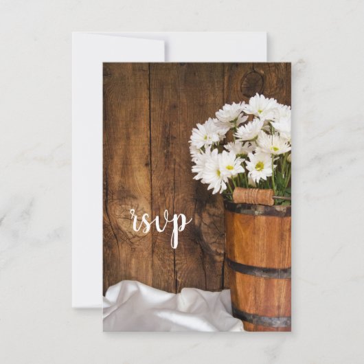 Wooden Bucket of White Daisies Barn Wedding RSVP (Voorkant)