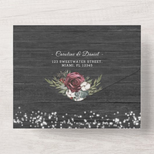 Wooden Burgundy Elegant Weddenschap in één keer All In One Uitnodiging (Achterkant)