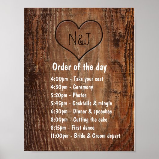Wooden Burn Heart Rustic Wedding Order of the Day Poster (Voorkant)