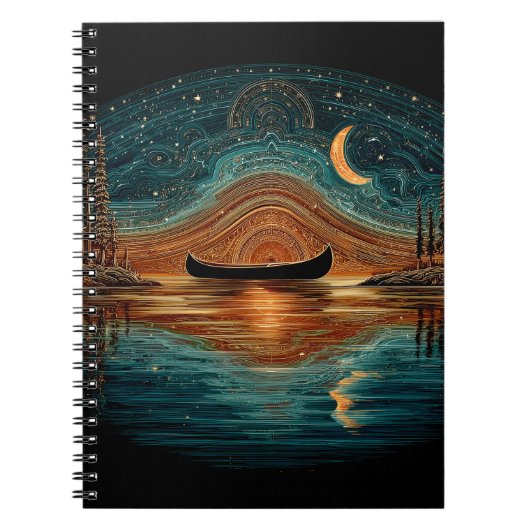 Wooden canoe and crescent moon in the North Woods Notitieboek (Voorkant)