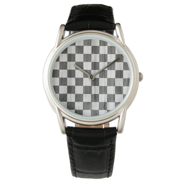 Wooden Checker Pattern Horloge (Voorkant)