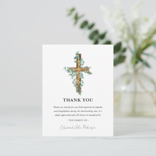 Wooden Cross en Eucalyptus Greenery Bedankkaart (Staand voorkant)