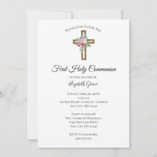 Wooden Cross Flowers First Community Invitation Kaart