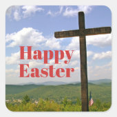 Wooden Cross Happy Easter Hij leeft Christelijk Vierkante Sticker (Voorkant)