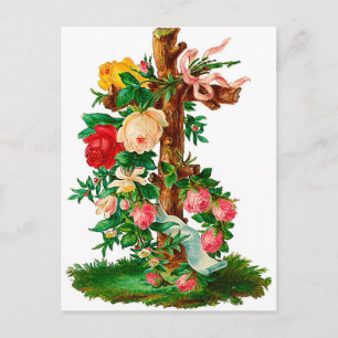  Wooden Cross met een boeket rozen. Briefkaart