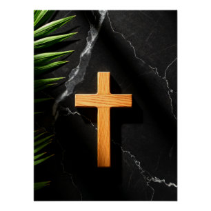 Wooden Cross on Black Marble - Faith and Reflectiv Perfect Poster