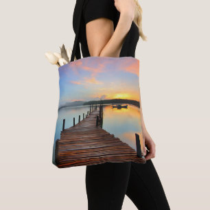 Wooden Dock Seascape in Colorful Sunset Tote Bag