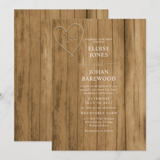 Wooden-effect-uitnodiging voor het huwelijk kaart (Voorkant / Achterkant)