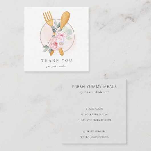 Wooden Fork Spoon Blush Floral Chef Dank je Vierkante Visitekaartje (Voorkant / Achterkant)