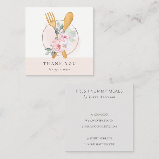 Wooden Fork Spoon Blush Floral Chef Dank je Vierkante Visitekaartje (Voorkant / Achterkant)