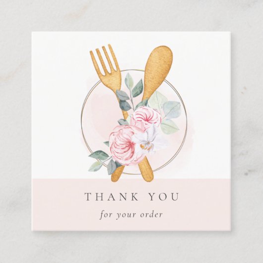 Wooden Fork Spoon Blush Floral Chef Dank je Vierkante Visitekaartje (Voorkant)