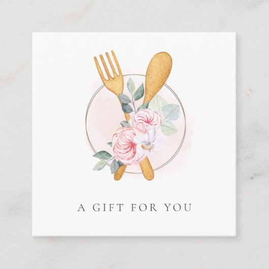 Wooden Fork Spoon Blush Floral Gift Certificate Vierkante Visitekaartje (Voorkant)