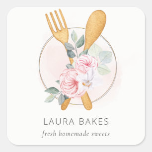 Wooden Fork Spoon Blush Pink Floral Chef Logo Vierkante Sticker