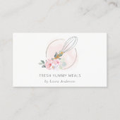Wooden Fork Spoon Blush Pink Floral Chef Logo Visitekaartje (Voorkant)