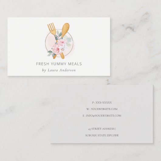 Wooden Fork Spoon Blush Pink Floral Chef Logo Visitekaartje (Voorkant / Achterkant)