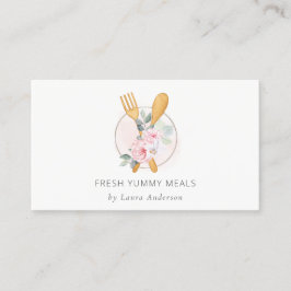 Wooden Fork Spoon Blush Pink Floral Chef Logo Visitekaartje